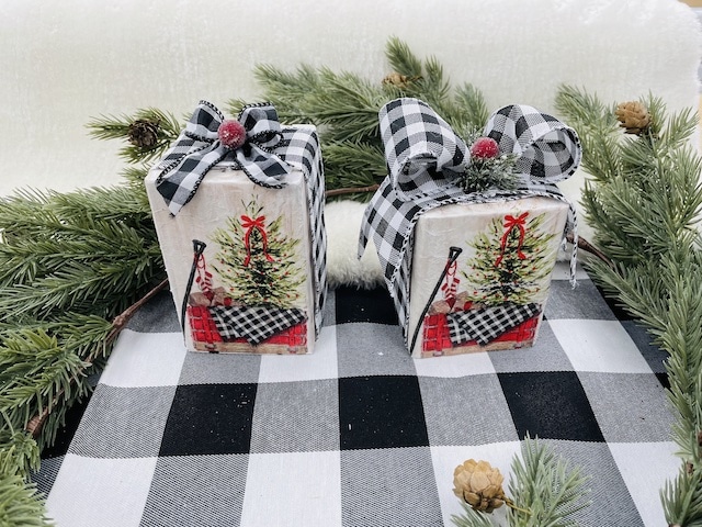 Wood Gift Boxes Set of 3 Distressed White with Black Buffalo Plaid